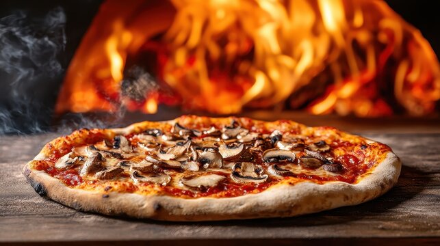 This artisan pizza showcases a blend of mushrooms and melted cheese, emanating warmth and inviting flavor, symbolic of the joys of sharing food with friends or family.