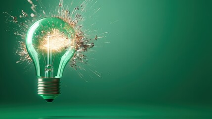 This striking image portrays a light bulb exploding with vivid sparks against a soft green backdrop, symbolizing creativity and illumination in a powerful way.