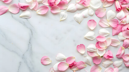 Pink and White Carnation Petals on Pastel Marble Background. Perfect for: Mother's Day, sophisticated designs, luxury branding