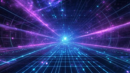 Futuristic sci-fi neon tunnel with blue and purple grid lines in space