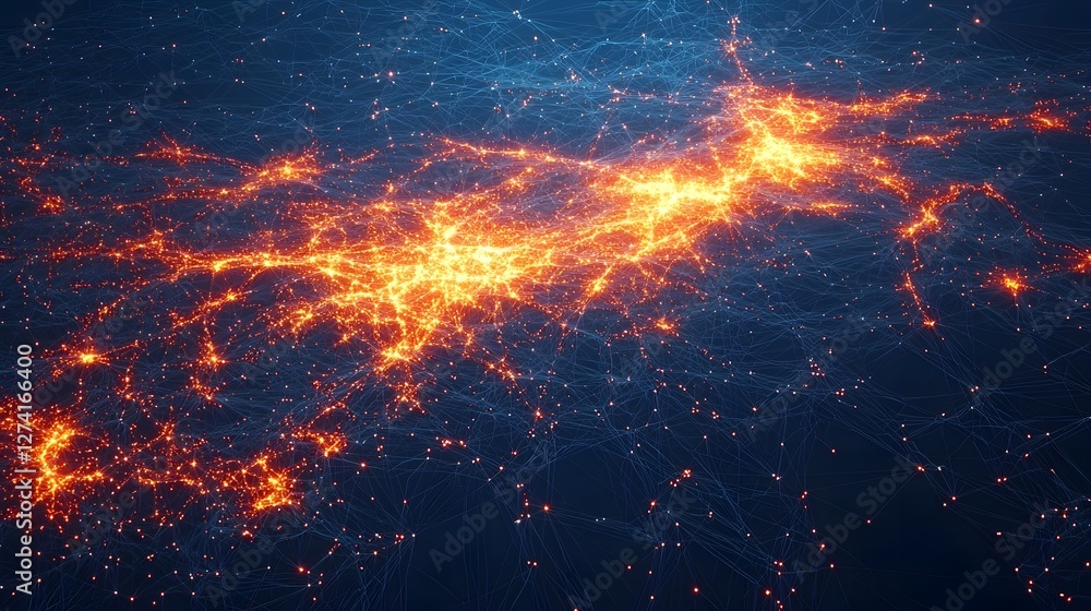 Poster glowing and dynamic abstract network map visualization representing the interconnected credit card t