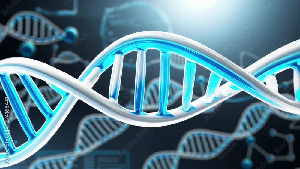 Poster medical animation showing a rotating dna double helix in slow motion with a medical background, usef