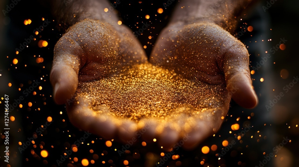 Poster Hands Holding Sparkling Golden Particles Glowing in Motion with a Soft Focus Background