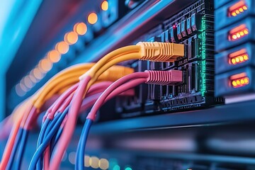 Colorful Network Cables Connected to a Server Rack with LED Indicators in a Data Center