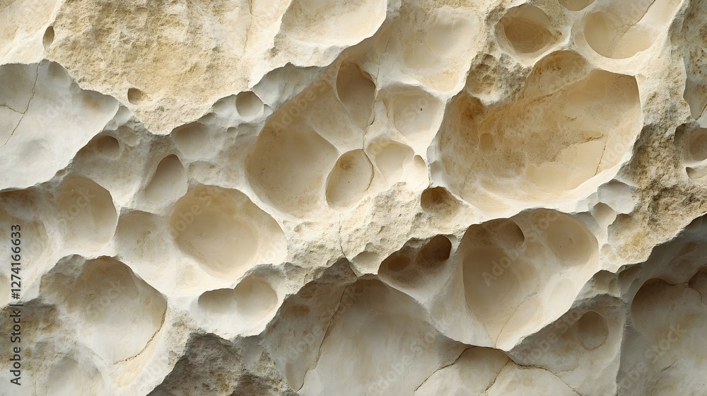 Aufkleber close-up view of a weathered stone surface with various holes and textures. natural erosion patterns