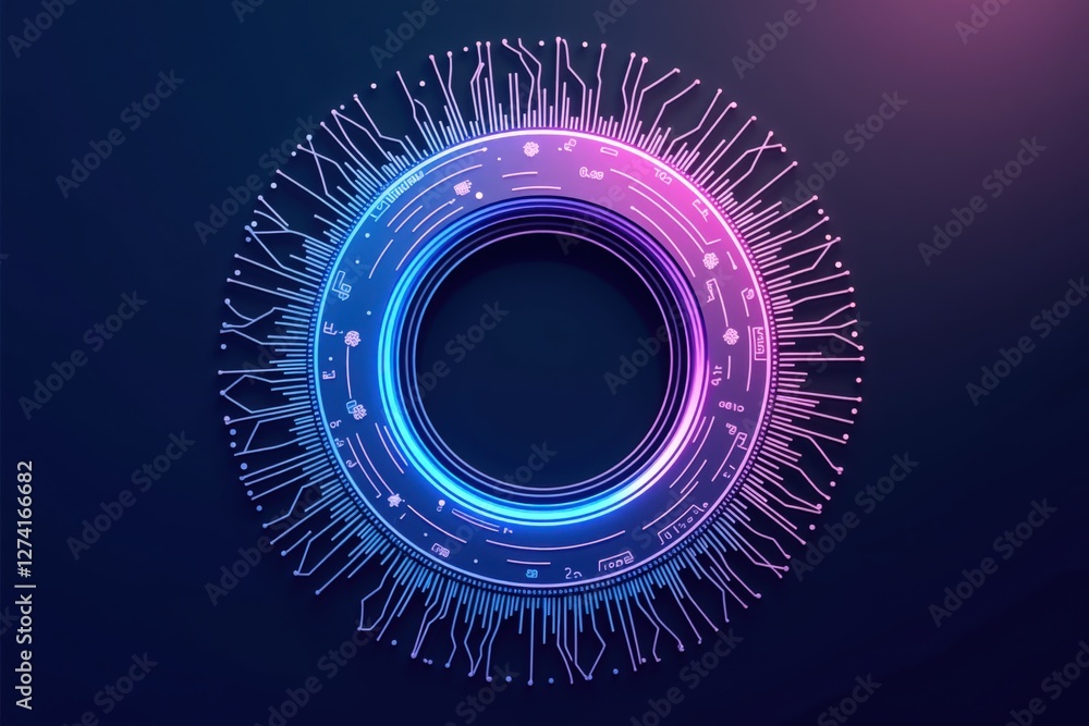 Poster an abstract representation of a futuristic circular circuit design with vibrant colors highlighting 