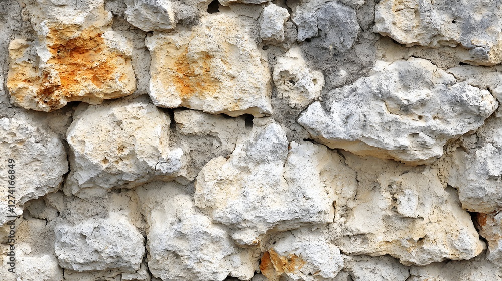 Poster Close-up view of an aged stone wall, showcasing its rustic texture and irregular shapes. The colors range from grey to beige. Rough-Hewn Stone Wall Texture: A Rustic Architectural Detail