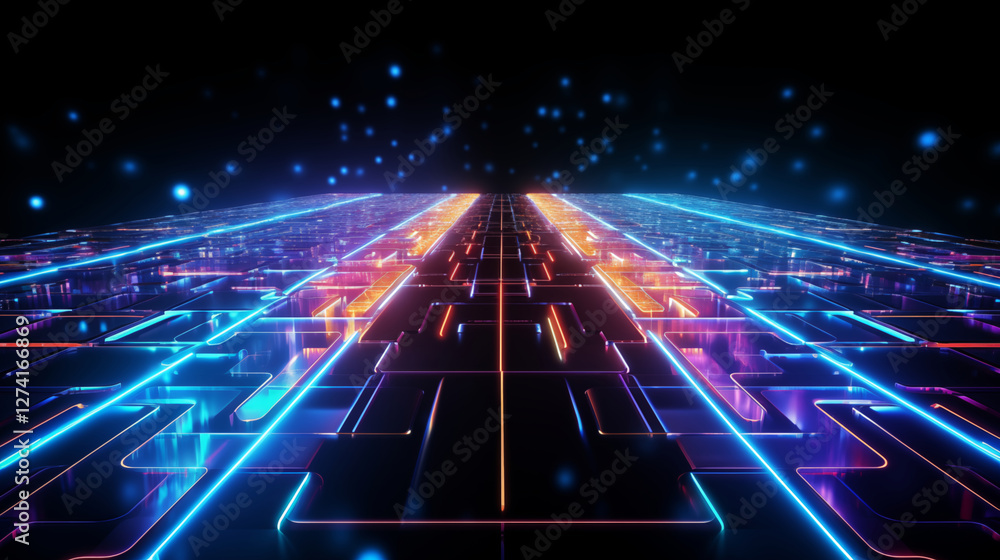 Poster vibrant digital landscape with glowing lines and patterns, representing transformation and technolog