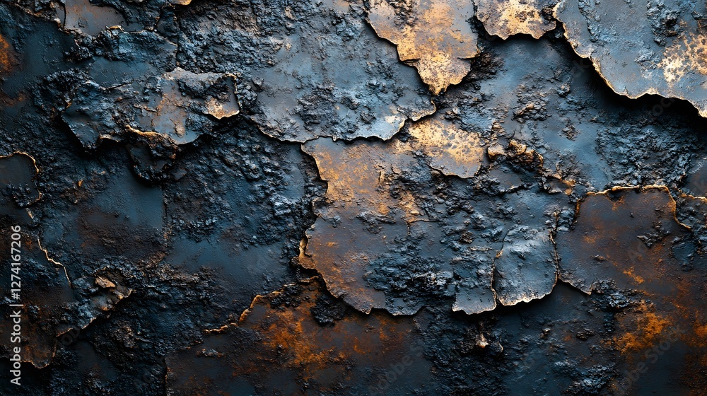 Poster Close-up shot of a dark, rusted metallic surface with abstract textures and patterns. Perfect for backgrounds. Dark Metallic Texture: Abstract Rusted Metal Surface