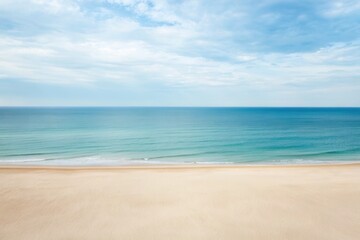 Obraz premium Minimal top view beautiful extensive tropical turquoise beach in cloudy day, Skyline between ocean and wide sand beach in clean look 