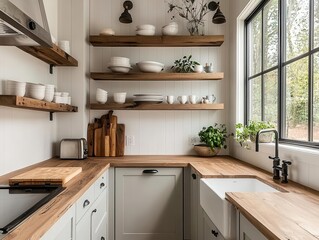 Fototapeta premium Small guest house kitchen with farmhouse sink, wooden countertops, and cozy decor
