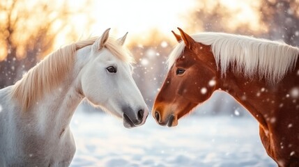 Obraz premium Two stunning horses, one brown and one white, elegantly nuzzle each other amidst a picturesque snowy backdrop, encapsulating love and companionship in nature.