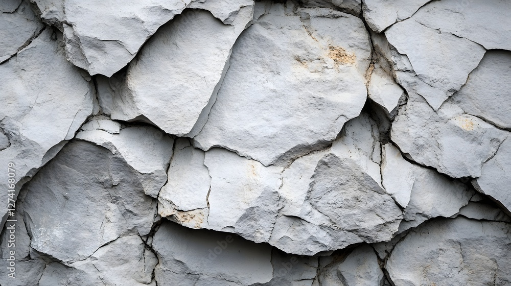 Poster close-up of a textured rock face, showcasing cracks and crevices in shades of gray and white. cracke
