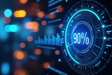 Close-Up View of a Digital Interface Displaying a 90% Progress Indicator Amidst Futuristic Graphs and Data Visualizations