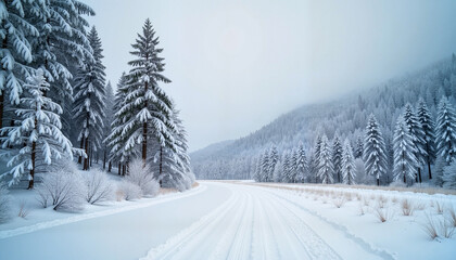 Obraz premium Snowy forest trail in winter with snow-covered trees