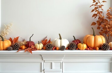 Close-up of fall home decor with pumpkins, leaves, pine cones on mantle. Seasonal aesthetics, Halloween, Thanksgiving background, cozy home vibe. Composite living room backdrop. Autumn harvest