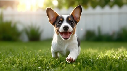 A lively puppy joyfully running through a lush green yard, capturing the spirit of play and adventure, showering happiness and excitement during a sunny outdoor moment.