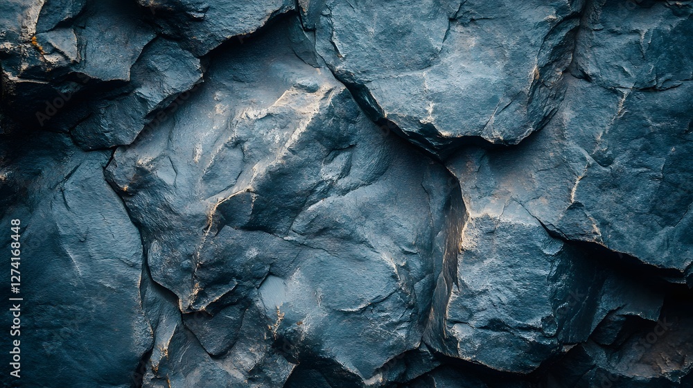 Poster close-up view of a dark blue rock wall, showcasing a rough and textured surface. the image provides 