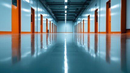 A sleek, modern industrial hallway featuring multiple orange doors, polished floors reflecting lights above, and a spacious design inviting exploration and innovation.