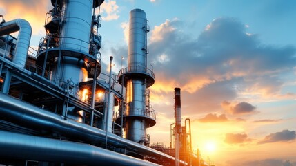A breathtaking sunset illuminates an industrial landscape, showcasing gleaming pipelines and smokestacks, reflecting the beauty and complexity of modern industry against nature.