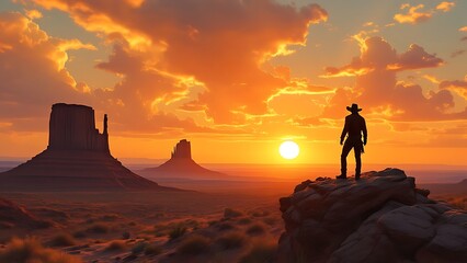 Fototapeta premium A solitary cowboy in a classic spaghetti western setting.