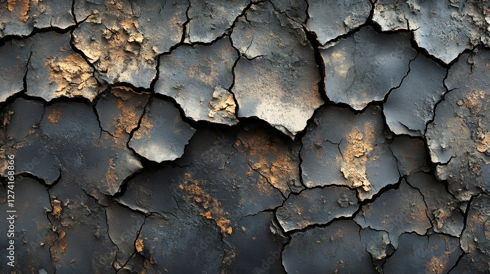 Poster abstract image of cracked, dry earth. dark tones with gold highlights showing drought and aridity. c
