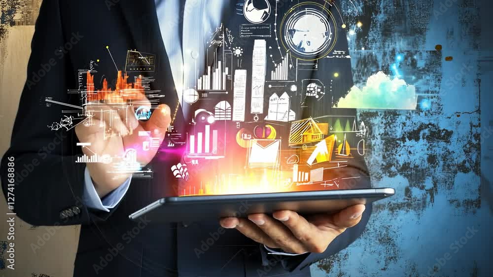 Poster digital business analytics: data visualization on tablet