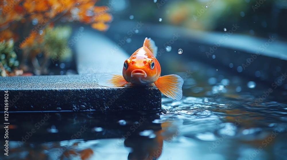 Poster curious goldfish resting at the edge of a peaceful pond with water droplets in a tranquil setting