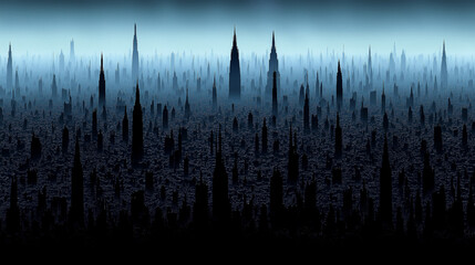 Fototapeta premium Ethereal Cityscape: A surreal, almost alien cityscape of towering, needle-like structures shrouded in a cool, blue mist, evoking a sense of mystery and the unknown. 