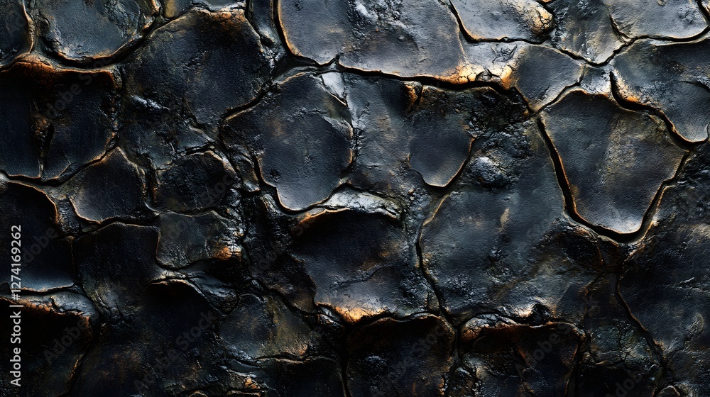 Poster Close-up view of a dark bronze surface with a cracked and textured pattern. Abstract background. Dark Cracked Texture: Abstract Bronze Surface