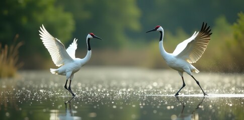 Obraz premium Elegant cranes perform synchronized movements in a serene wetland , birds, wetland