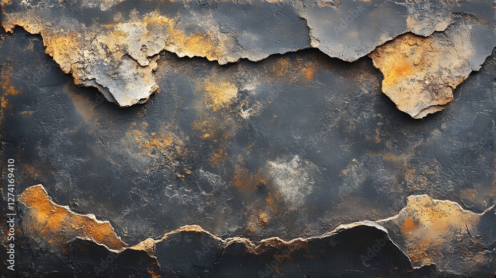 Poster Close-up abstract image showcasing a rusty metallic surface with dark and golden hues. The texture is rough and aged, evoking a sense of history and decay. Abstract Rusty Texture: Dark and Golden Hues