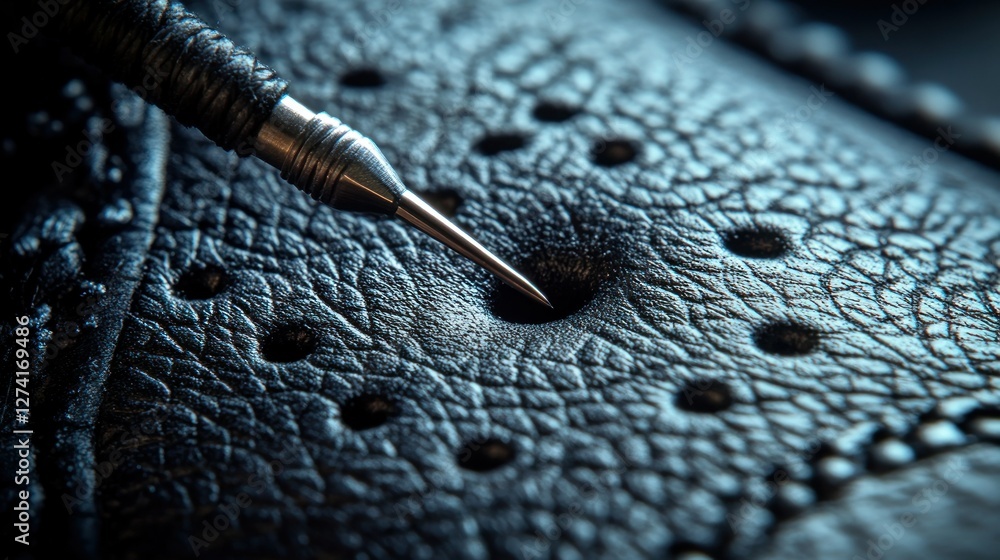 Poster close-up of precision tool marking textured leather with detailed patterns and reflection