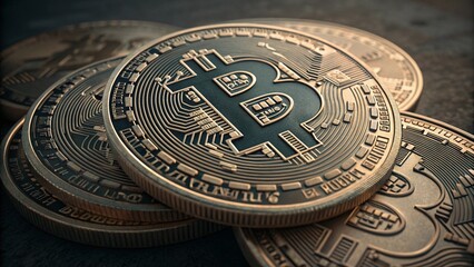 Close-up shot of stacked Bitcoin cryptocurrency coins, highlighting the texture and design of the physical representation of digital currency. Ideal for finance and technology themes