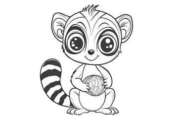 Baby lemur with a striped tail, holding a tiny coconut.