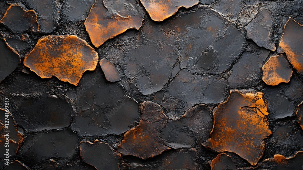Poster Close-up view of an abstract texture with dark and orange tones. The image showcases a unique interplay of colors and shapes. Abstract Dark and Orange Textured Background: A Study in Contrasting Hues