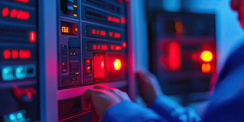 Person Interacting with Electronic Control Panel and Equipment