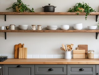 Fototapeta premium Guest house kitchen with rustic shelves, warm wood tones, and farmhouse decor, inviting feel