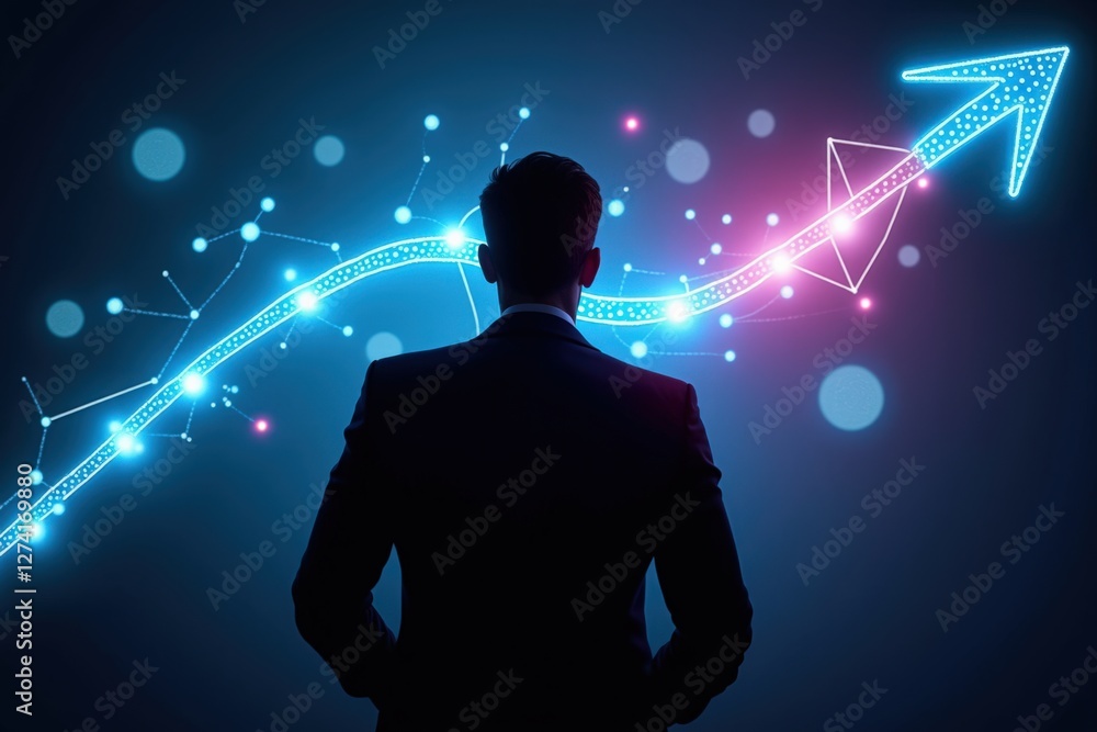 Poster a business professional analyzing growth trends in a high-tech workspace with enlightening data visu