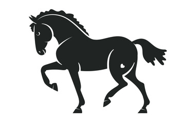 Black silhouette of a prancing horse with a small heart shape on its hindquarters, designed in a minimalist and elegant style