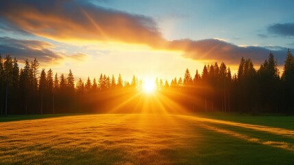 A stunning sunset view over a lush green field, with tall trees silhouetted against the vibrant colors of the sky