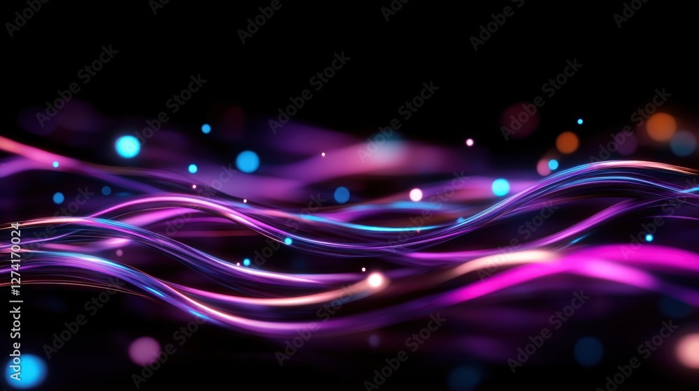Poster a vibrant display of colorful light waves in shades of pink and blue, set against a dark background,