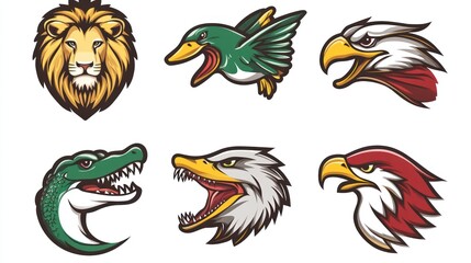 Naklejka premium Six animal head mascots; lion, duck, eagle, alligator, eagle, eagle; design, graphic