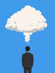 Thinking Beyond: A minimalist illustration features a person in formal attire, gazing upwards at a prominent thought bubble above them, conveying the essence of contemplation and idea generation.