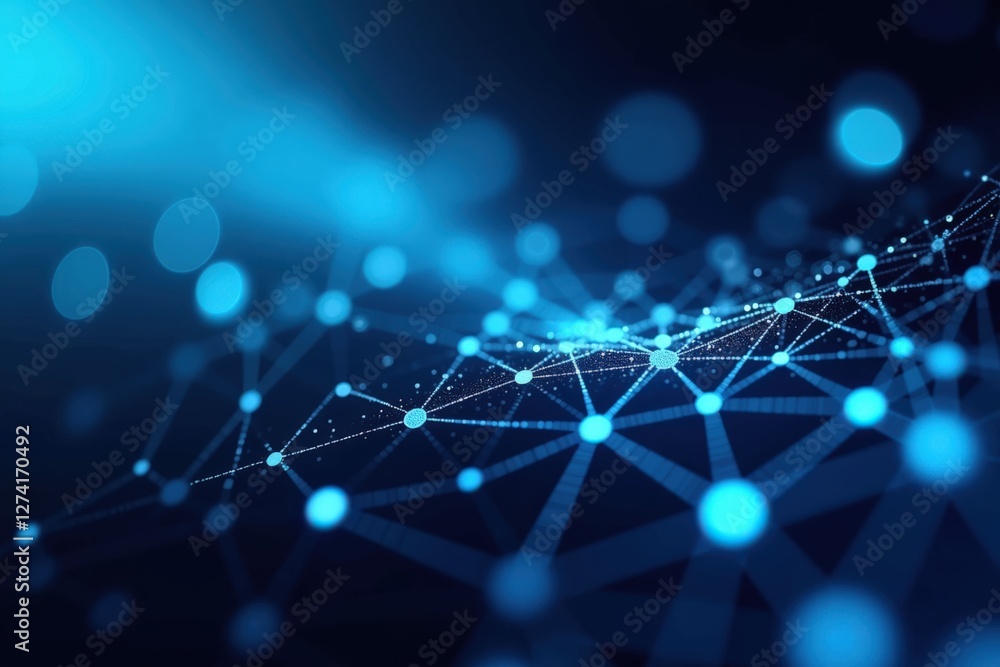 Poster a high-tech visualization of complex data networks illuminated by vibrant blue and turquoise lights,