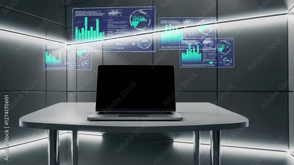 Poster business infographics revealing dynamic financial trends on laptop display, visualizing growth stati