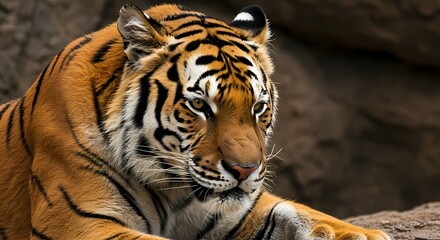 Obraz premium Majestic Tiger in the Wild: Close-Up Portrait of a Fierce Predator in Natural Habitat, Perfect for Wildlife and Nature Themes