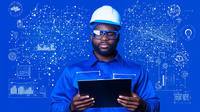 Digital Blueprint: An african American engineer in a blue jumpsuit and a helmet, intently examines a digital tablet, with a tech background.