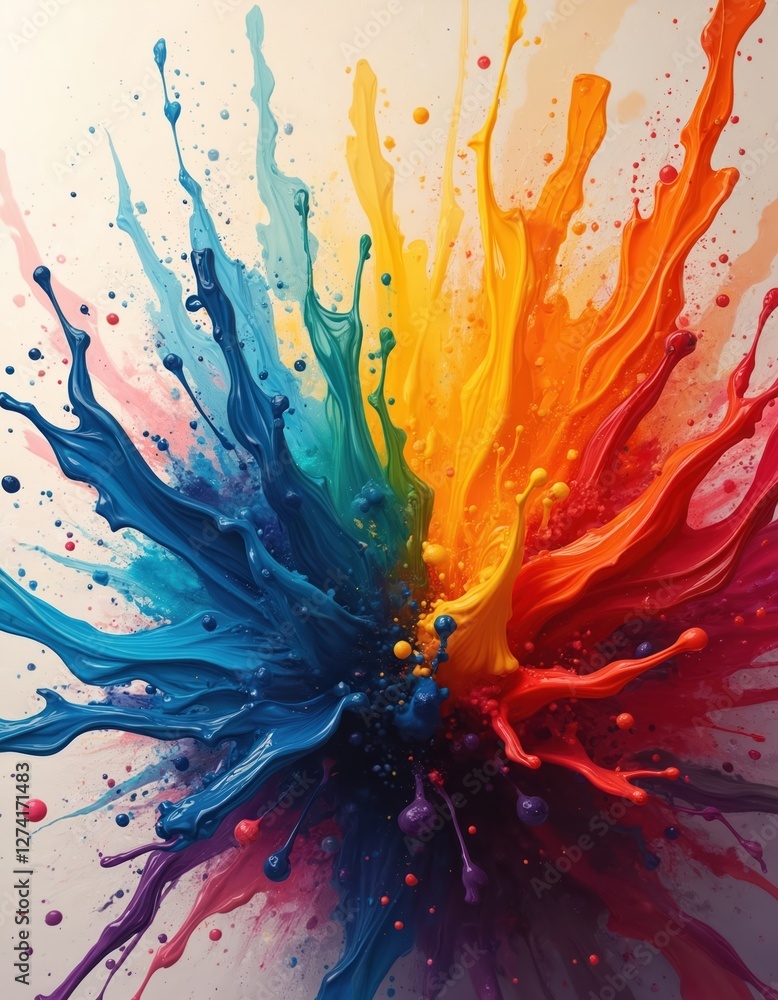 Poster synchronised colorful paint splashes illustration on canvas. vibrant realistic color grouping blue, 