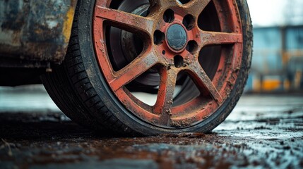Obraz premium Close-Up of a Dirty Flat Tire on an Abandoned Vehicle in a Rainy Urban Environment